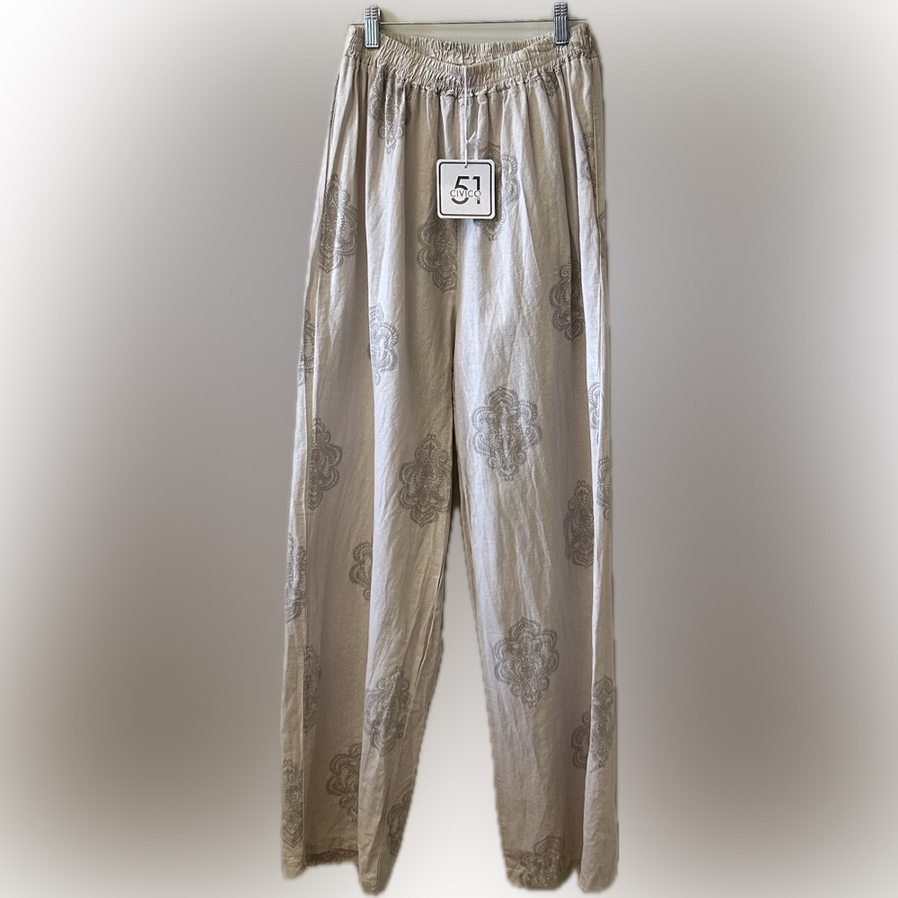 Civico 51 Linen Blend Wide Leg Medallion Print Pants Made in Italy Women’s S NEW